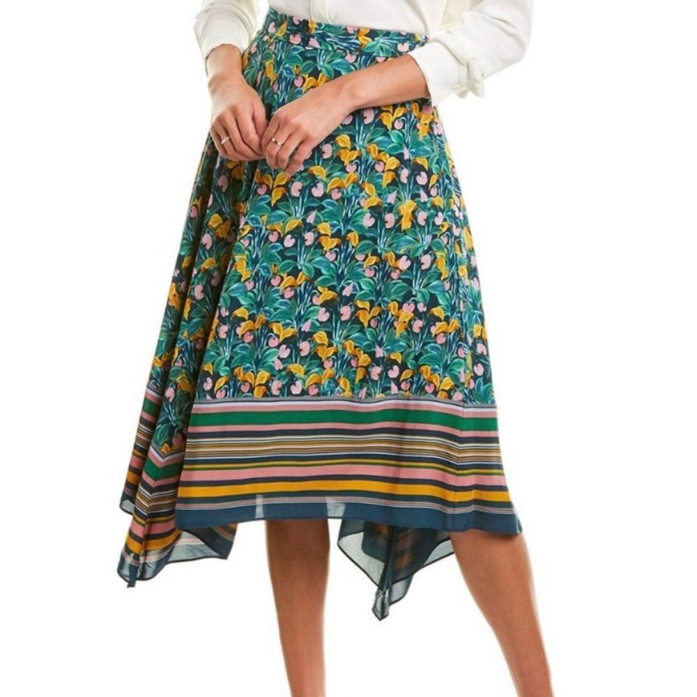 Diane Von Furstenberg Denver Tropical Floral Silky Midi Asymmetrical Hem Skirt
